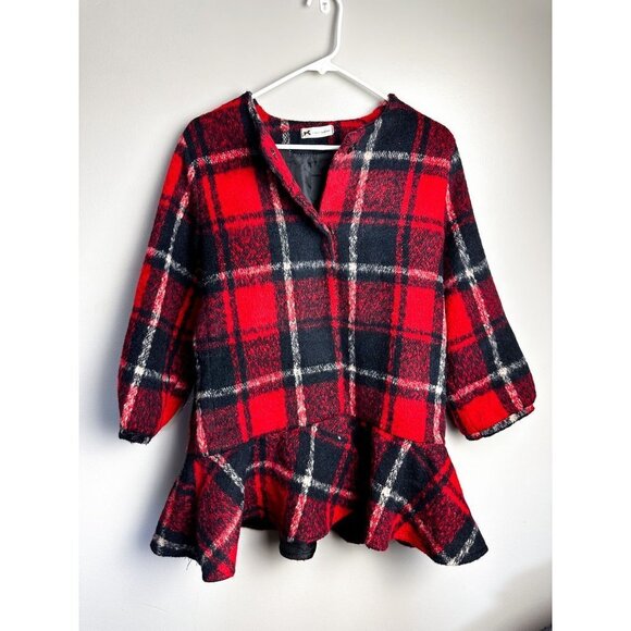 Muice Fashion Plaid Ruffle Snap Button Long Coat Red Black Small - Picture 1 of 7